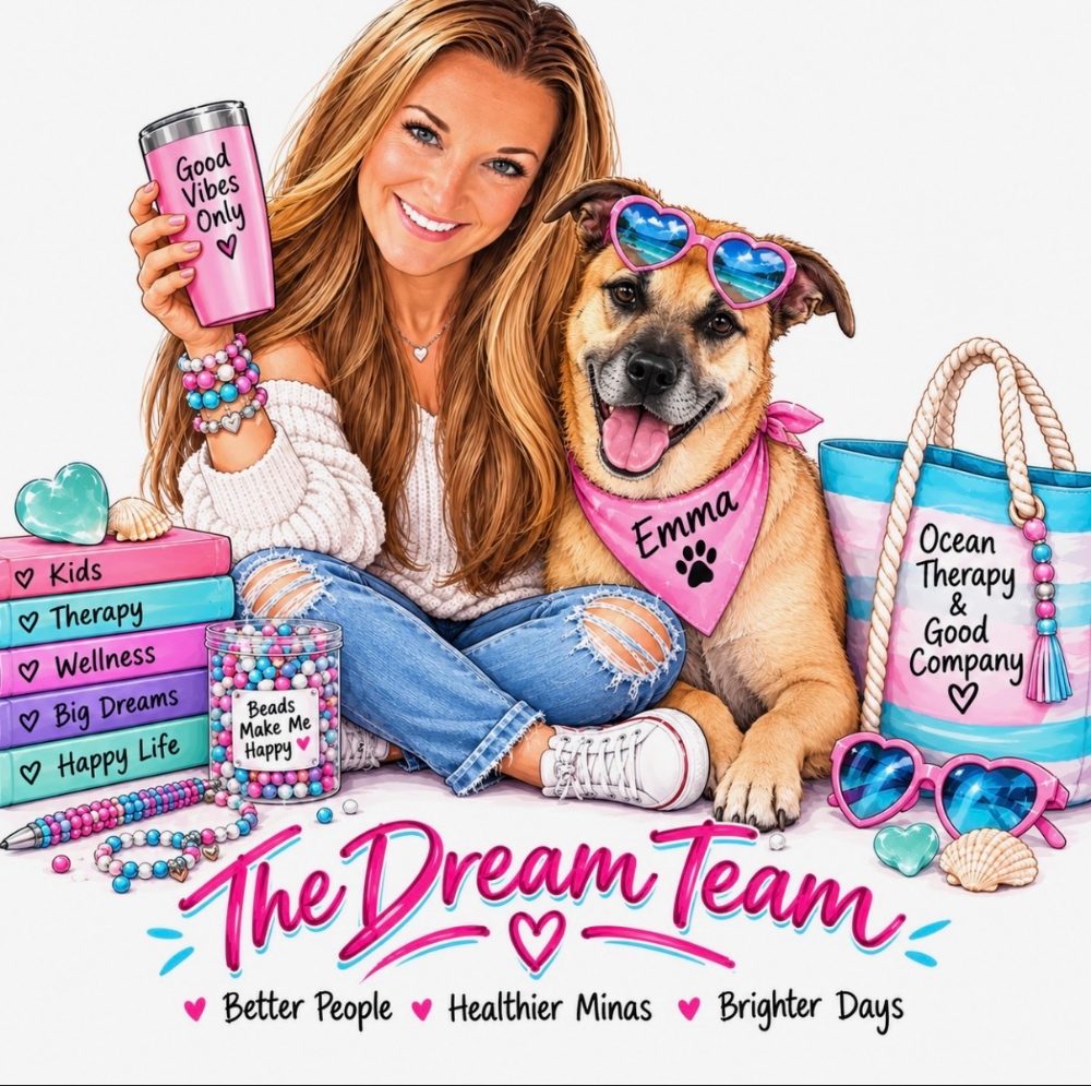 Illustration titled The Dream Team: Elyse with her dog, Emma, surrounded by books, a beaded jar, and a beach bag